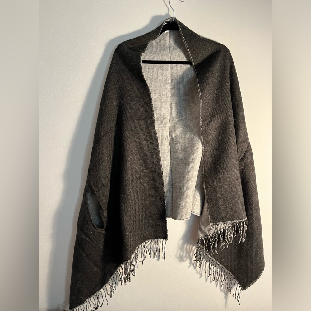 J Crew Reversible Gray Wrap - Arm Holes, Fringe - very good pre-owned condition